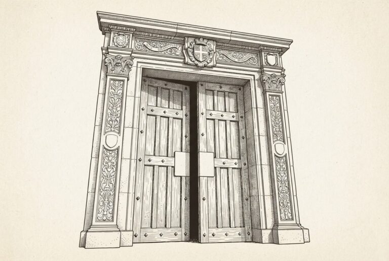 Ornate institutional doorway with no locking mechanism, slightly ajar - a regulatory framework that looks complete but was never fitted to secure autonomous agents.