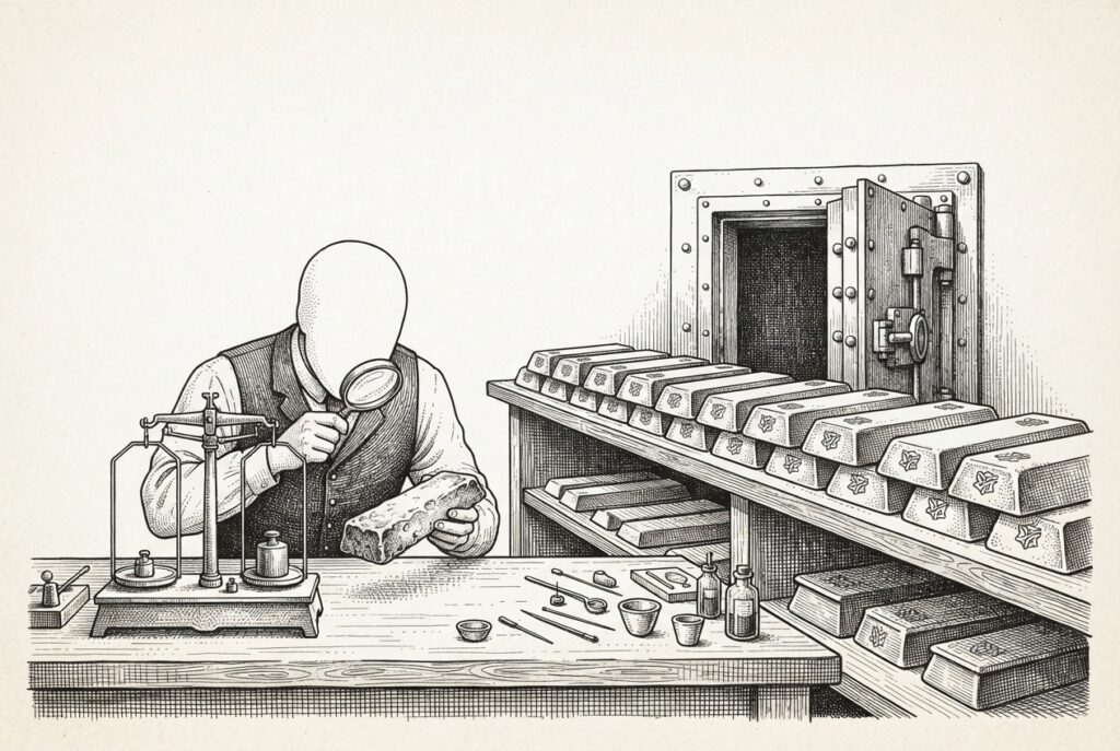 A classical assay office interior in monochrome pen-and-ink engraving - a faceless figure examines a rough, unfinished ingot on a precision balance scale while behind them a shelf holds rows of neatly arranged, stamped and approved ingots, a vault door ajar beyond - supply chain testing and cryptographic attestation rendered as a mint-master's workshop.