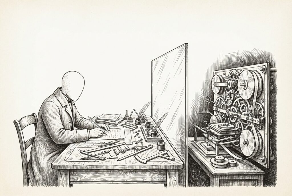 Faceless figure working at an antique desk on one side of a glass partition, while an elaborate recording mechanism on the other side captures everything through the transparent barrier - the trust boundary that fails to protect what it promises