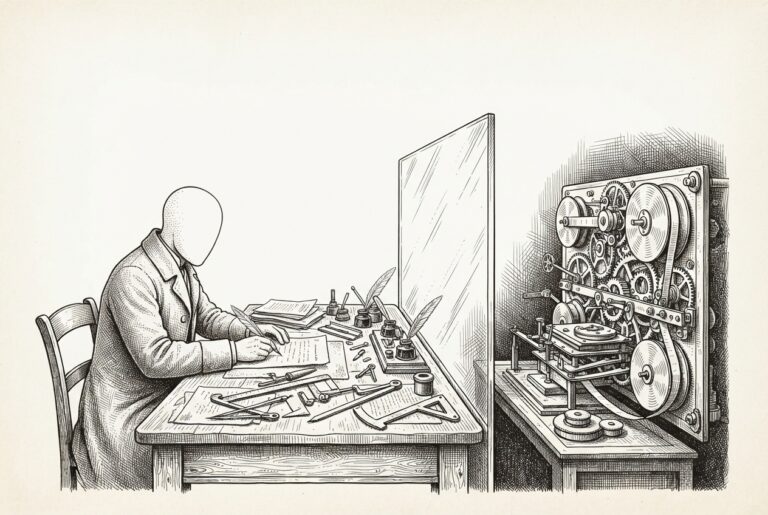 Faceless figure working at an antique desk on one side of a glass partition, while an elaborate recording mechanism on the other side captures everything through the transparent barrier - the trust boundary that fails to protect what it promises