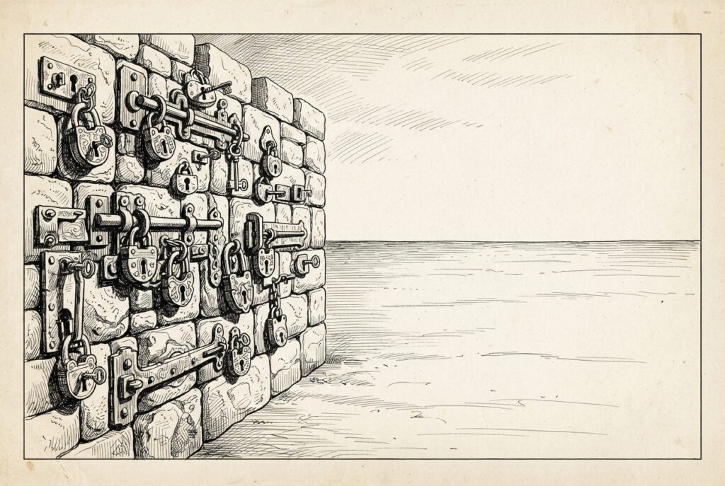 A fortified wall bristling with ornate locks - all intact, all still engaged - while the landscape beyond is completely stripped bare. Depicts the speed-not-novelty thesis: familiar cloud attack techniques executed in 72 hours while detection remains stalled at 219 days.