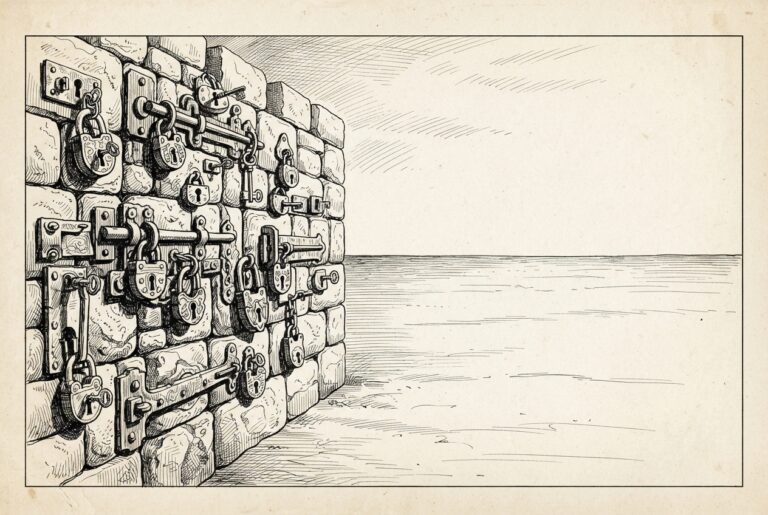 A fortified wall bristling with ornate locks - all intact, all still engaged - while the landscape beyond is completely stripped bare. Depicts the speed-not-novelty thesis: familiar cloud attack techniques executed in 72 hours while detection remains stalled at 219 days.
