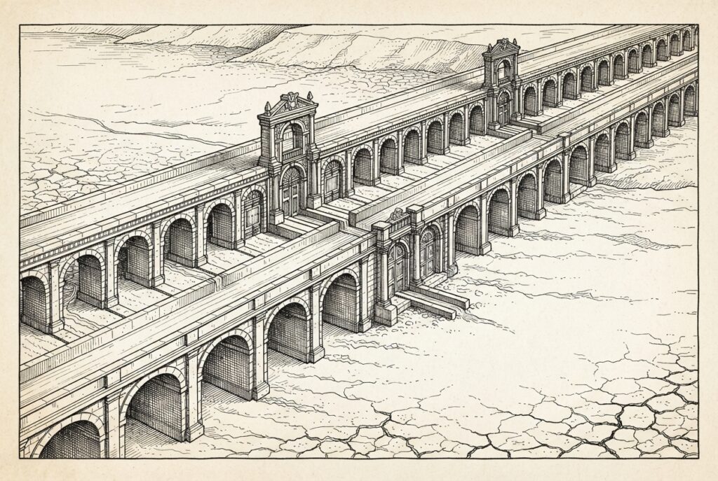 Hand-drawn editorial engraving of a vast ornate aqueduct system - multiple tiers of arched stone channels, elaborate gates and sluices - built for enormous volume. The reservoir is nearly empty; only a thin trickle of water reaches the infrastructure below. Cracked parched earth dominates the landscape. Conceptual illustration of institutional protocol adoption outpacing actual commercial activity.