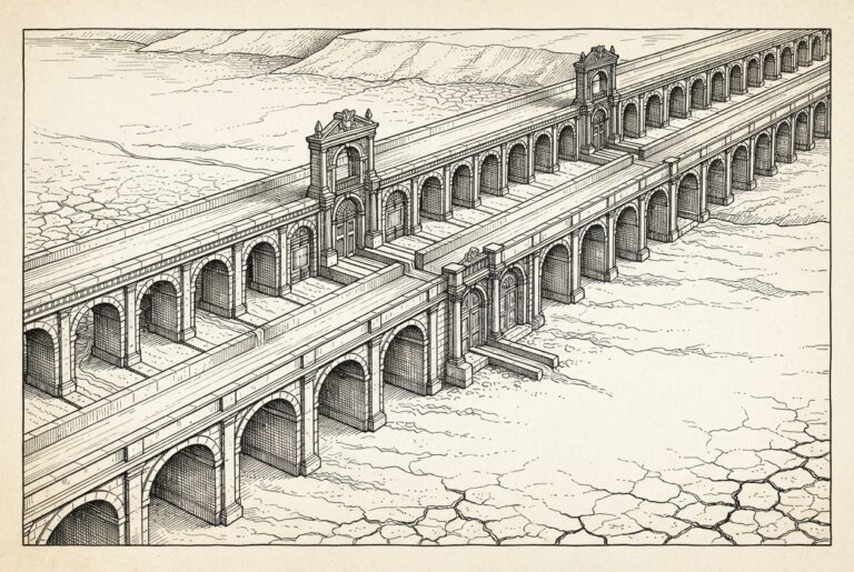 Hand-drawn editorial engraving of a vast ornate aqueduct system - multiple tiers of arched stone channels, elaborate gates and sluices - built for enormous volume. The reservoir is nearly empty; only a thin trickle of water reaches the infrastructure below. Cracked parched earth dominates the landscape. Conceptual illustration of institutional protocol adoption outpacing actual commercial activity.