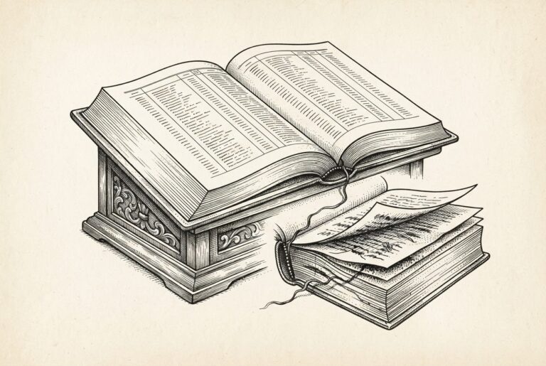 A hand-drawn editorial engraving of an ornate open ledger on a reading stand - pristine pages visible from above, corrupted overwritten pages revealed through a cross-section below - illustrating persistent agent memory as a hidden structural attack surface.