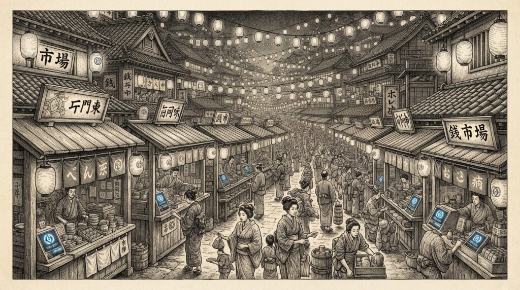 A traditional Japanese merchant marketplace with thousands of closely packed stalls receding into the distance, each equipped with small glowing digital terminals displaying USDC symbols - the terminals integrated into wooden counters, paper lanterns, and ceramic displays - representing the collision of stablecoin settlement technology with Japan's vast 40-million-merchant retail network.