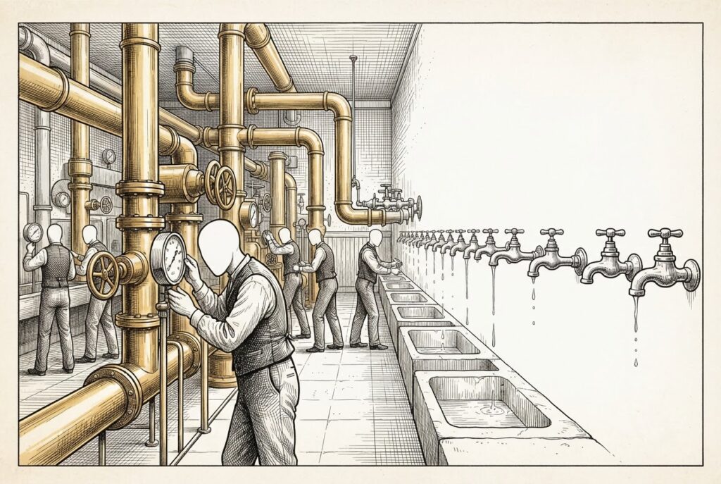 Victorian-era industrial waterworks with massive new brass pipes and pressure gauges being installed on one side, leading to a wall of ornate taps that are mostly dry - representing infrastructure investment far ahead of actual adoption