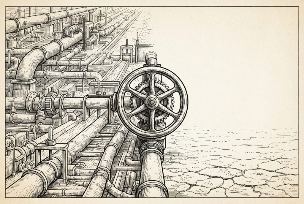 A vast irrigation conduit network - pipes and channels backed up and straining - blocked by a single closed valve wheel, with barren cracked terrain on the other side where nothing flows. The regulatory permit gate as chokepoint for AI infrastructure buildout.