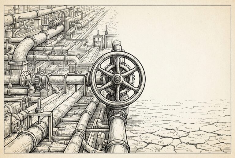 A vast irrigation conduit network - pipes and channels backed up and straining - blocked by a single closed valve wheel, with barren cracked terrain on the other side where nothing flows. The regulatory permit gate as chokepoint for AI infrastructure buildout.