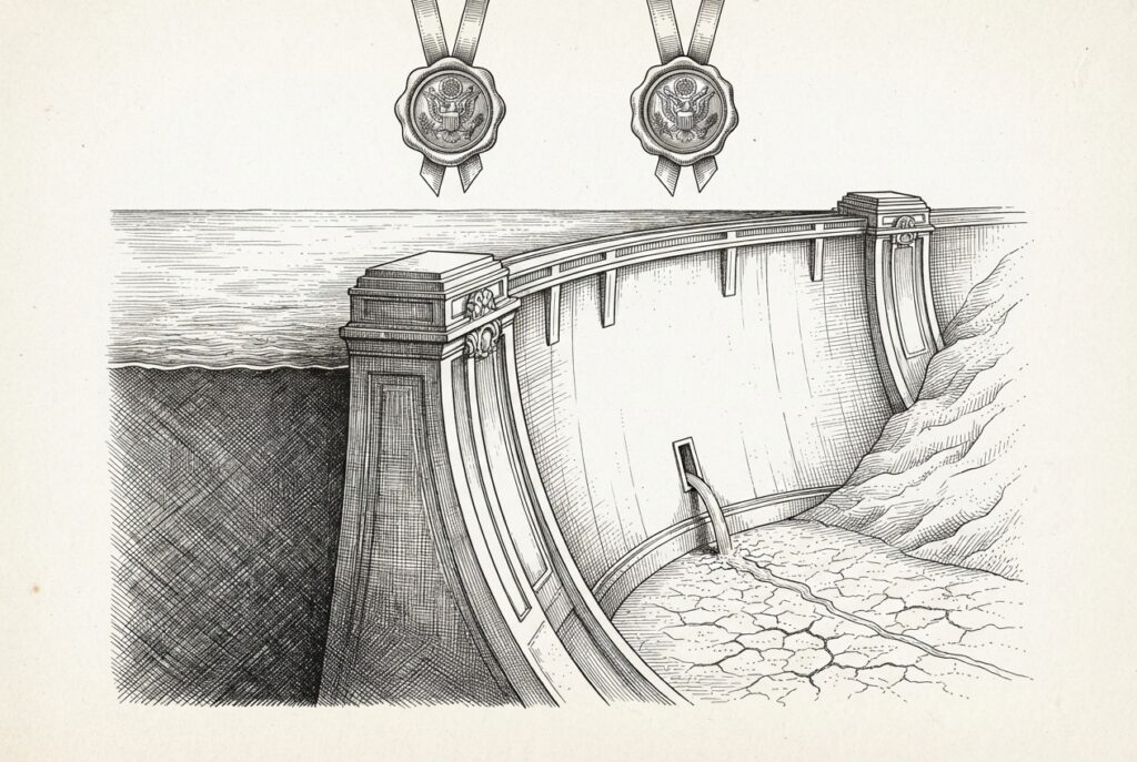 Editorial illustration of an enormous dam holding back a vast reservoir, releasing only a thin trickle through a narrow spillway into a dry cracked valley, with two wax seal medallions above - representing the tension between US chip export approvals and congressional blocking authority