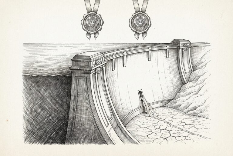 Editorial illustration of an enormous dam holding back a vast reservoir, releasing only a thin trickle through a narrow spillway into a dry cracked valley, with two wax seal medallions above - representing the tension between US chip export approvals and congressional blocking authority