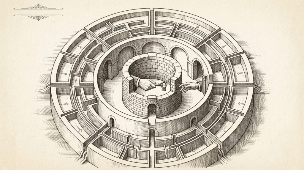 Editorial illustration of three concentric tiers of control — from human-only decisions at the center to autonomous actions at the outer edge — representing China's tiered governance framework for AI agent decision-making
