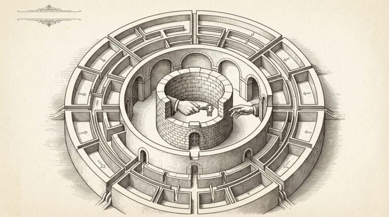 Editorial illustration of three concentric tiers of control — from human-only decisions at the center to autonomous actions at the outer edge — representing China's tiered governance framework for AI agent decision-making