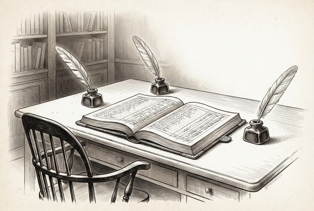 Three ornate inkwells with quills poised over an open household ledger, writing autonomously while the chair at the desk sits empty - three payment protocols converging on home commerce without human oversight.