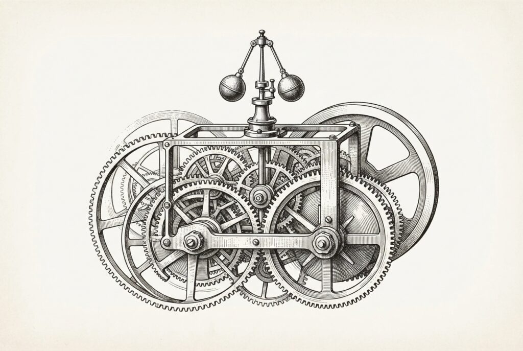 A complex clockwork mechanism with oversized gears and a single small governor, representing enterprise AI infrastructure being rebuilt for agentic workloads, where inefficiency and centralized governance become the bottleneck.
