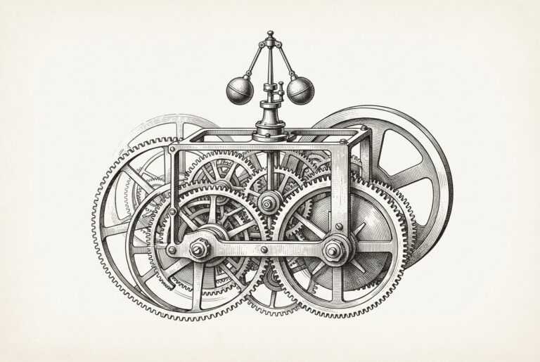 A complex clockwork mechanism with oversized gears and a single small governor, representing enterprise AI infrastructure being rebuilt for agentic workloads, where inefficiency and centralized governance become the bottleneck.