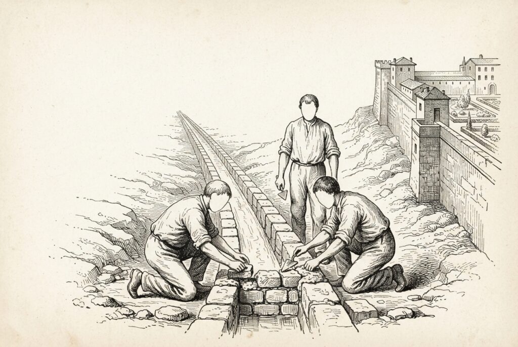 Pen-and-ink engraving of faceless figures constructing the final segment of a stone aqueduct channel, with the completed pipeline stretching into the distant background and an estate wall visible nearby.