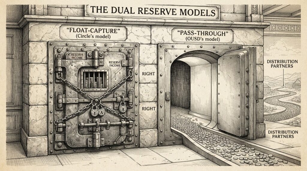 A monochrome engraving of a massive bank vault with two contrasting doors: the left door sealed shut with chains and padlocks labeled FLOAT-CAPTURE, representing Circle's model of retaining reserve income, and the right door wide open with coins flowing through toward partner institutions labeled PASS-THROUGH, representing OUSD's yield-distribution model - the structural business model competition at the center of Mizuho's downgrade.