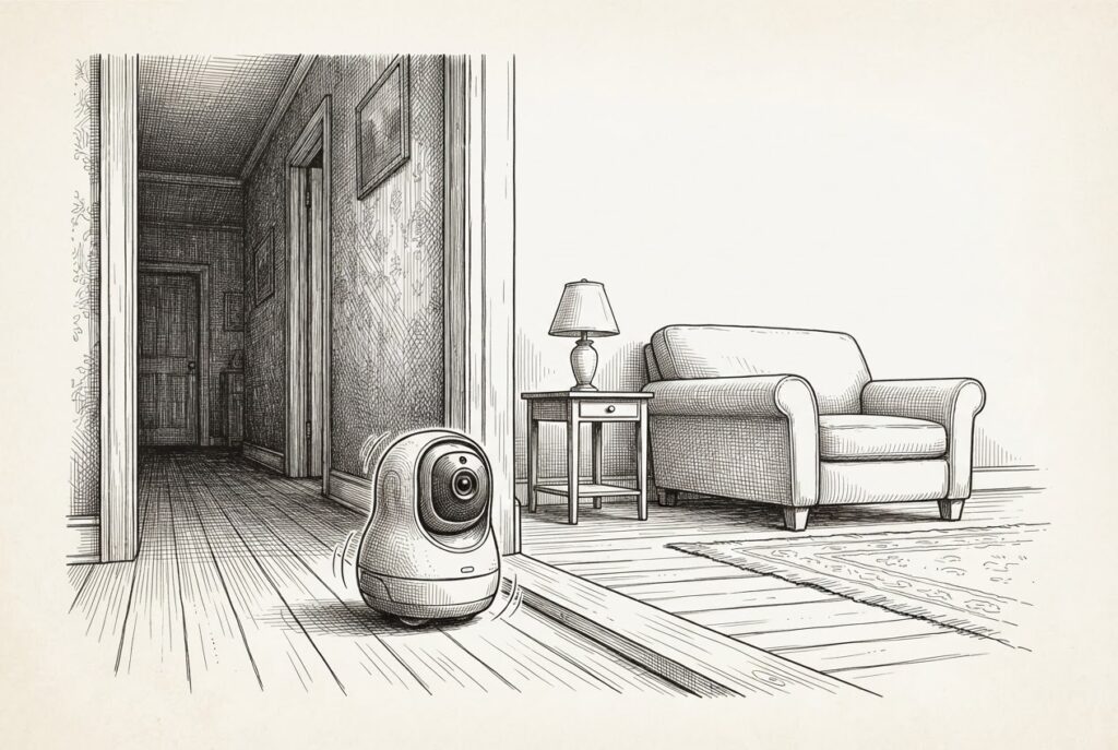 An autonomous screenless device with a visible camera lens positioned in a domestic doorway, crossing the threshold between rooms - representing the shift from passive voice assistants to mobile AI companions that watch and listen.