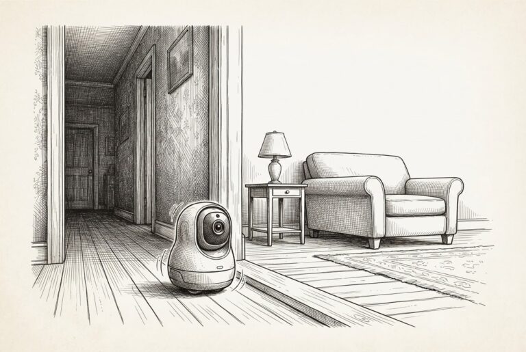 An autonomous screenless device with a visible camera lens positioned in a domestic doorway, crossing the threshold between rooms - representing the shift from passive voice assistants to mobile AI companions that watch and listen.