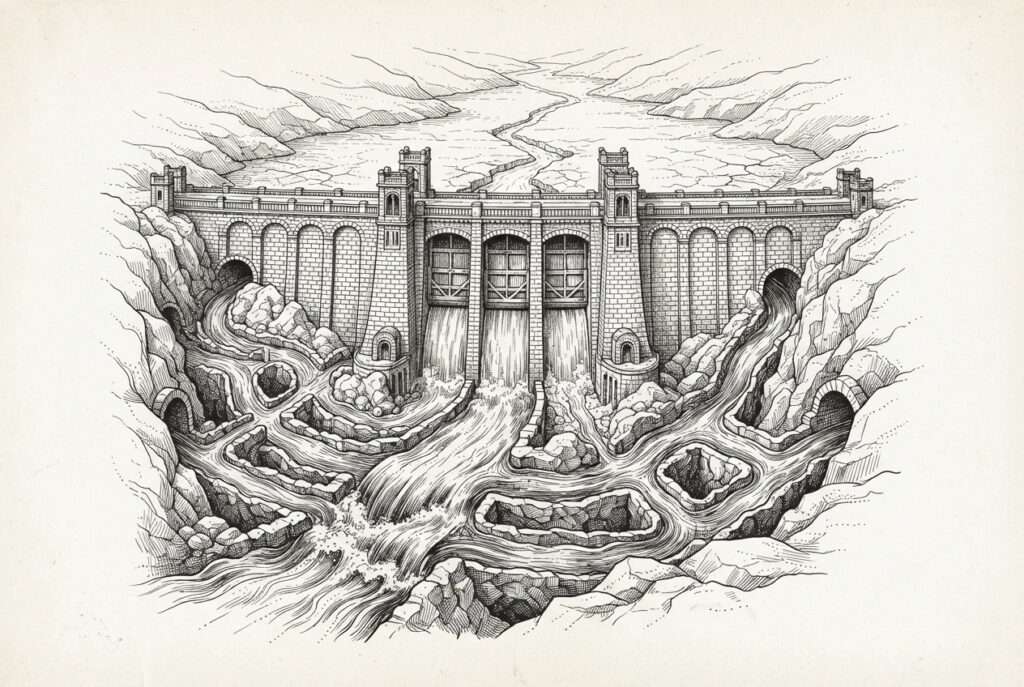 Ink illustration of a massive ornate dam with nearly empty reservoir, while a network of intricate underground channels diverts water around it, representing autonomous AI agent payment networks bypassing traditional stablecoin regulation.