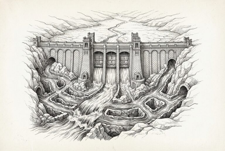Ink illustration of a massive ornate dam with nearly empty reservoir, while a network of intricate underground channels diverts water around it, representing autonomous AI agent payment networks bypassing traditional stablecoin regulation.
