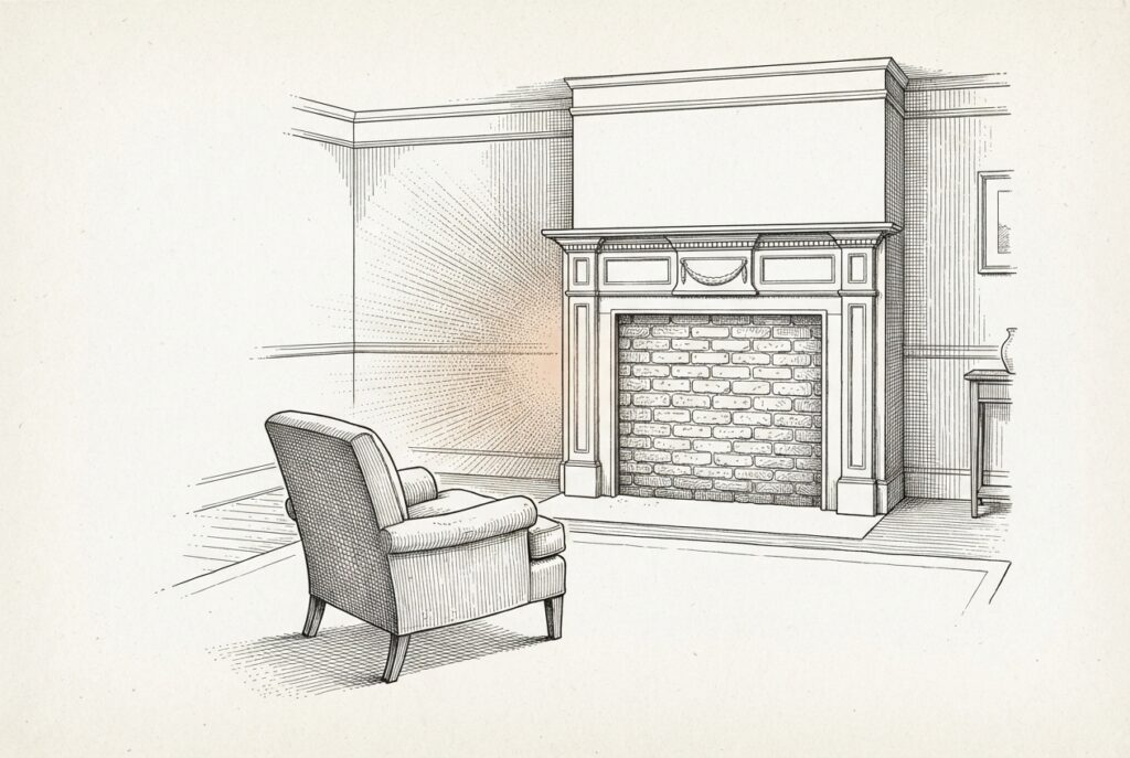 A domestic hearth sealed with brickwork, its heat radiating outward through the wall rather than warming the room, with an empty armchair facing the dead fireplace - the home's center of warmth converted from shelter to external production.