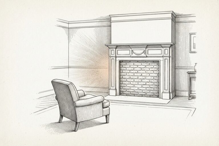 A domestic hearth sealed with brickwork, its heat radiating outward through the wall rather than warming the room, with an empty armchair facing the dead fireplace - the home's center of warmth converted from shelter to external production.