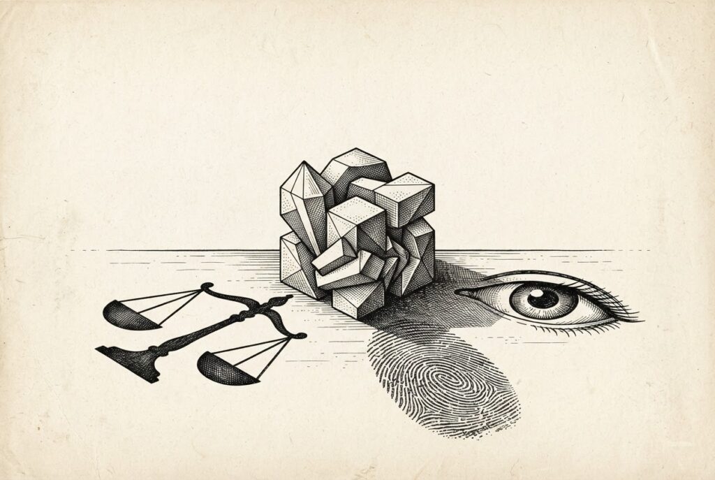 Editorial illustration of a single geometric form casting three distinct shadows - a scale for impact-based regulation, an eye for intent-based oversight, and a fingerprint for content provenance - representing how Colorado, Texas, and California define AI compliance through different regulatory lenses