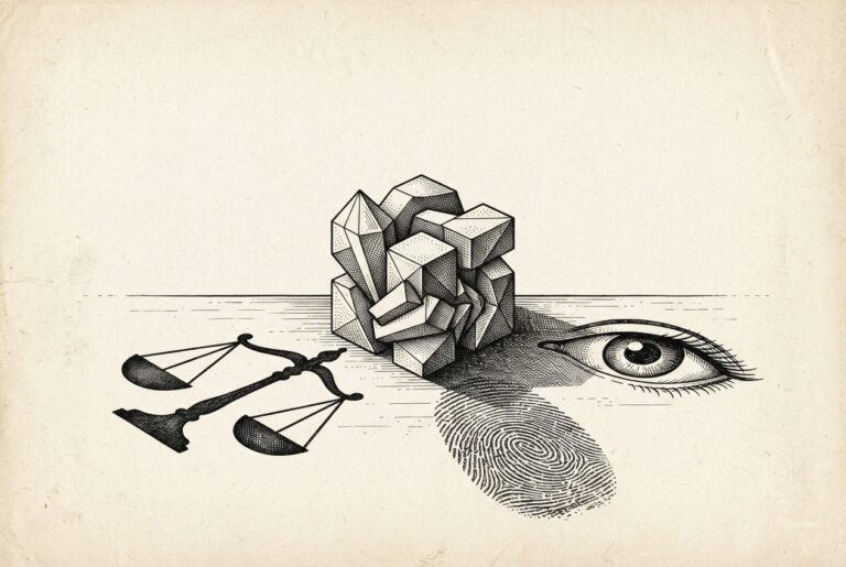 Editorial illustration of a single geometric form casting three distinct shadows - a scale for impact-based regulation, an eye for intent-based oversight, and a fingerprint for content provenance - representing how Colorado, Texas, and California define AI compliance through different regulatory lenses