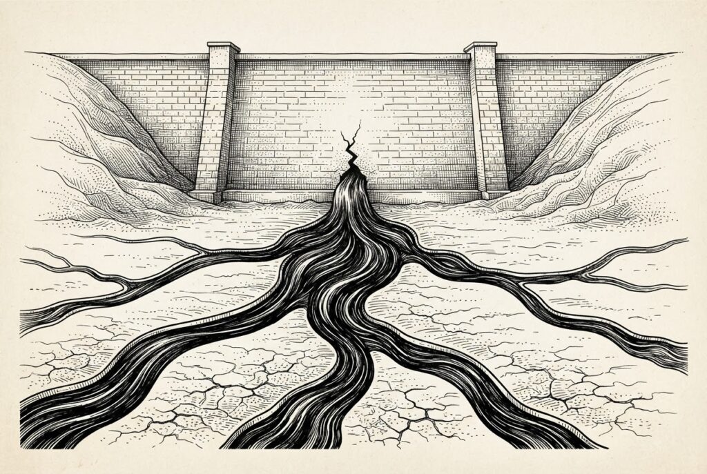 A cracked stone dam with contaminated water pouring through a single breach, splitting into branching channels across a barren plain