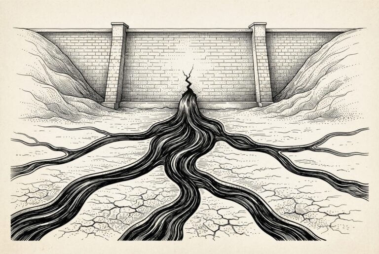 A cracked stone dam with contaminated water pouring through a single breach, splitting into branching channels across a barren plain