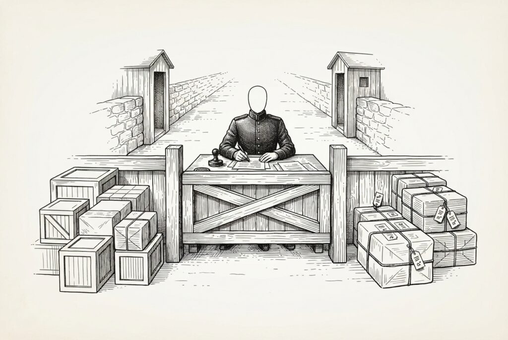 A faceless customs official sits behind a wooden barrier at a narrow gate, stamping documents as crates and parcels pass through - a single checkpoint producing evidence before anything crosses.