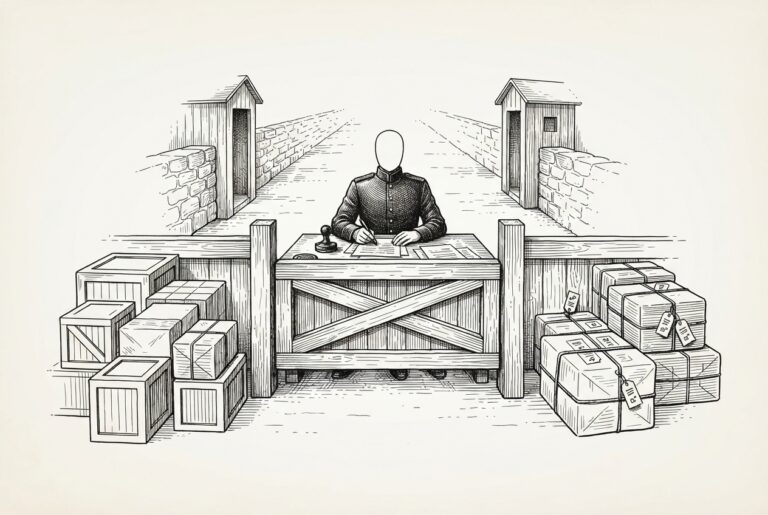 A faceless customs official sits behind a wooden barrier at a narrow gate, stamping documents as crates and parcels pass through - a single checkpoint producing evidence before anything crosses.