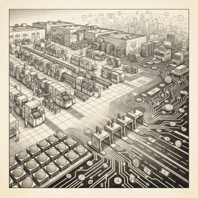A monochrome engraving of a semiconductor fabrication facility where the cleanroom floor transforms into a network of payment rails - silicon wafers becoming coins flowing through circuit-board pathways, with CoWoS packaging arrays resembling toll booths on a highway of programmable money. Forkast Ink style.