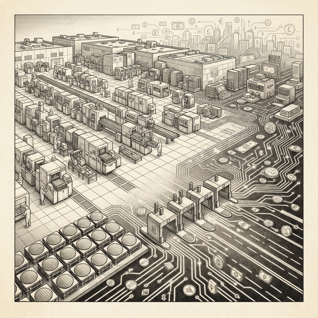 A monochrome engraving of a semiconductor fabrication facility where the cleanroom floor transforms into a network of payment rails - silicon wafers becoming coins flowing through circuit-board pathways, with CoWoS packaging arrays resembling toll booths on a highway of programmable money. Forkast Ink style.