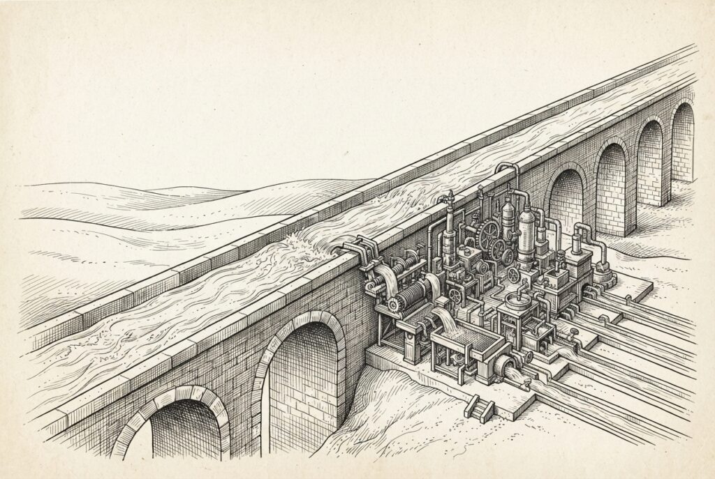 A grand open aqueduct system carries abundant free-flowing water across massive arches, while intricate filtration workshops along the banks refine the flow into specialized premium channels. The aqueduct represents commoditized open-weights; the workshops represent the fine-tuning platform that captures the real value.