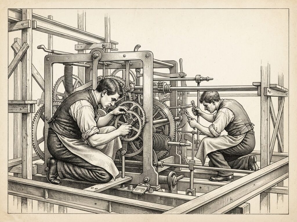 Pen-and-ink engraving of two craftsmen calibrating gears inside a partially-assembled industrial mechanism, representing the human labor of embedding AI into enterprise organizations.