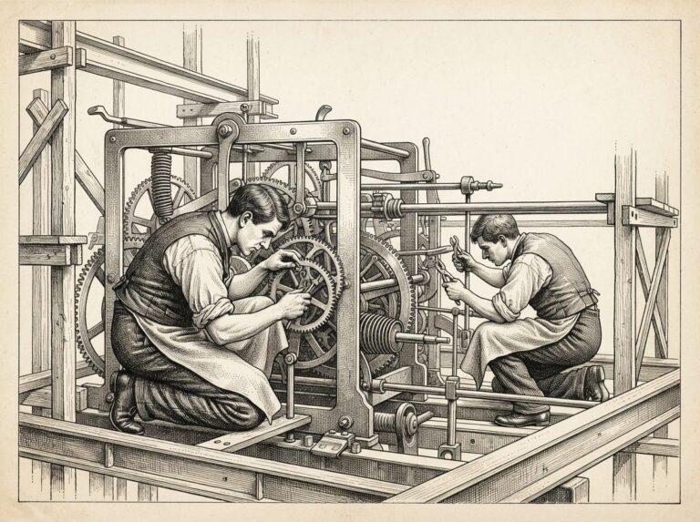 Pen-and-ink engraving of two craftsmen calibrating gears inside a partially-assembled industrial mechanism, representing the human labor of embedding AI into enterprise organizations.
