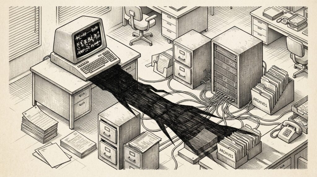 A single glowing computer terminal casting a long sharp shadow that stretches across connected enterprise systems - filing cabinets, servers, document stacks, email archives - representing a critical RCE vulnerability propagating through everything the compromised agent touches.