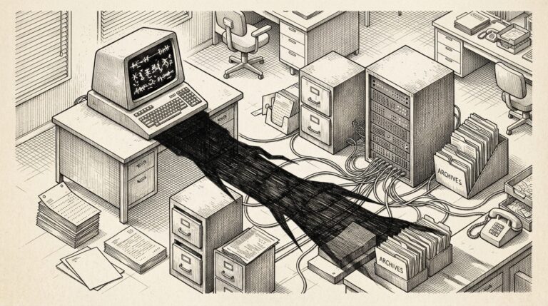 A single glowing computer terminal casting a long sharp shadow that stretches across connected enterprise systems - filing cabinets, servers, document stacks, email archives - representing a critical RCE vulnerability propagating through everything the compromised agent touches.