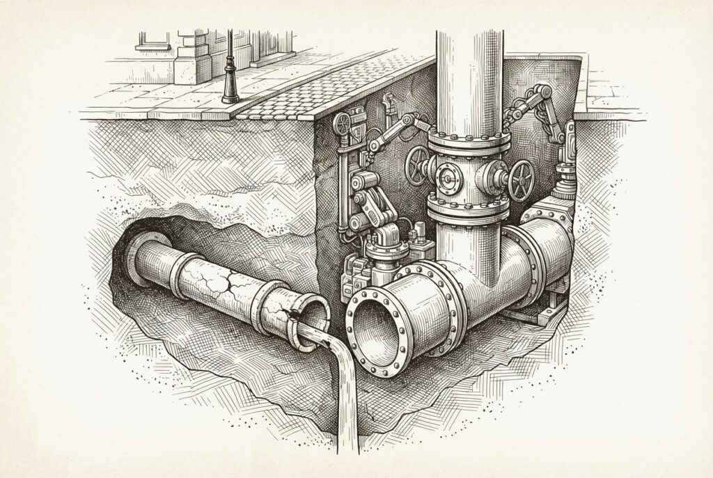 Cross-section underground view: old narrow cracked pipes being bypassed by new large precision conduits with valve wheels and flanged joints. Surface street above unchanged. Pen-and-ink engraving.