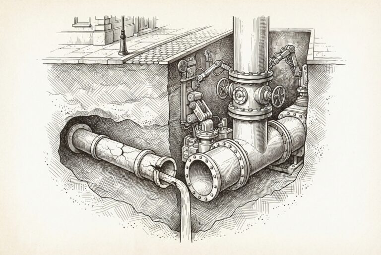 Cross-section underground view: old narrow cracked pipes being bypassed by new large precision conduits with valve wheels and flanged joints. Surface street above unchanged. Pen-and-ink engraving.