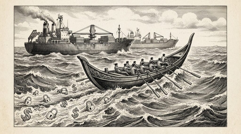 A sleek Eastern racing vessel surging through rough ocean waters alongside two larger Western industrial ships, with open padlocks and flowing currency symbols in its wake - representing a Chinese lab achieving frontier parity while commoditizing the model layer through open weights and aggressive pricing