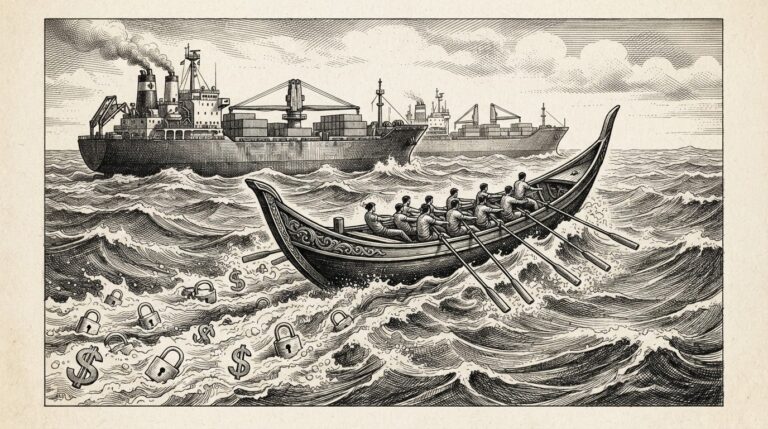 A sleek Eastern racing vessel surging through rough ocean waters alongside two larger Western industrial ships, with open padlocks and flowing currency symbols in its wake - representing a Chinese lab achieving frontier parity while commoditizing the model layer through open weights and aggressive pricing
