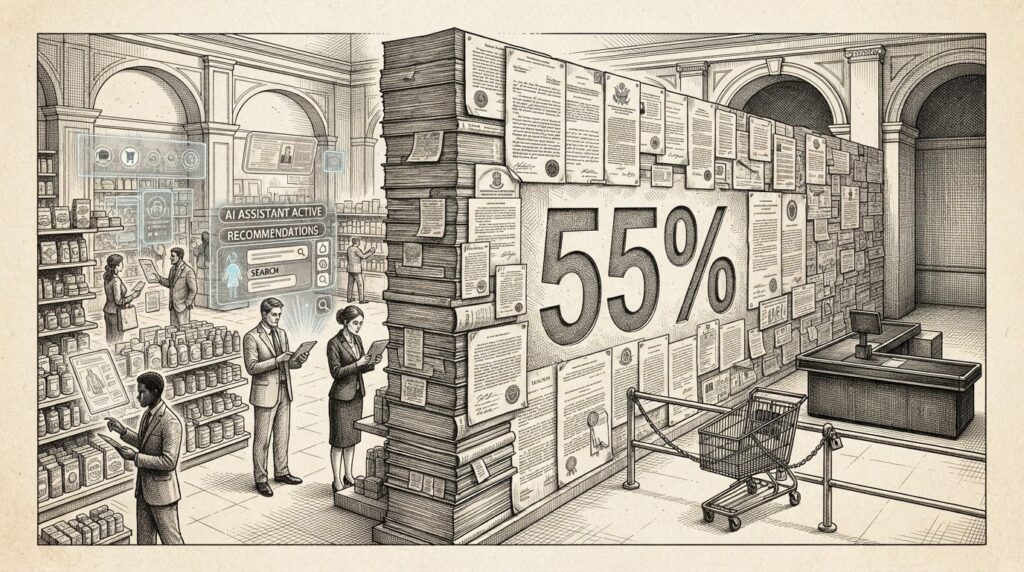 Editorial illustration showing a consumer at a digital checkout counter with an AI agent behind the counter, but the consumer's hand is firmly pressing a stop sign - representing the trust gap where 55% of consumers refuse to let AI agents complete purchases despite using AI for product discovery.