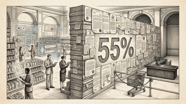 Editorial illustration showing a consumer at a digital checkout counter with an AI agent behind the counter, but the consumer's hand is firmly pressing a stop sign - representing the trust gap where 55% of consumers refuse to let AI agents complete purchases despite using AI for product discovery.