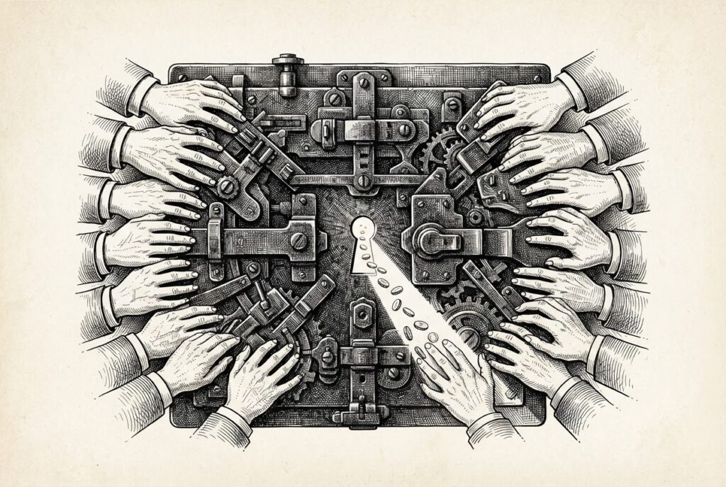 A monochrome engraving of a massive ornate lock mechanism dense with latches and sealing plates, with dozens of hands pressing from both sides to seal it shut. At the center, a single narrow keyhole remains uncovered - the one exception - through which a thin stream of coin-like discs flows outward into bright negative space.
