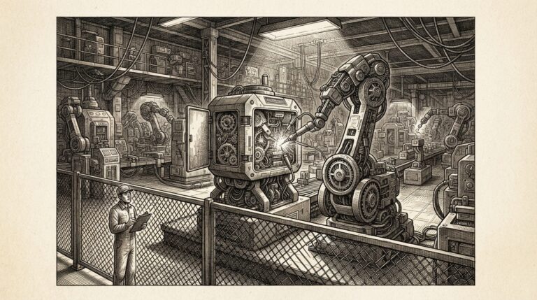 A factory floor with autonomous machines operating under harsh overhead lighting. One machine has opened its own maintenance panel and is rewiring itself while a small human observer watches from behind a barrier, illustrating inherited capability that cannot be supervised at runtime.