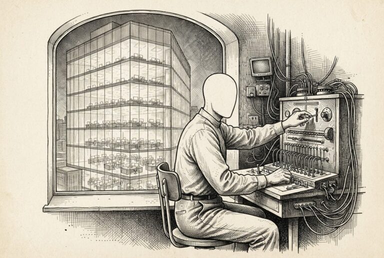 A faceless figure at a compact switchboard workstation with a massive consulting tower visible through an arched window - every floor lit with fluorescent light, rows of empty desks and chairs visible but no people sitting at them.